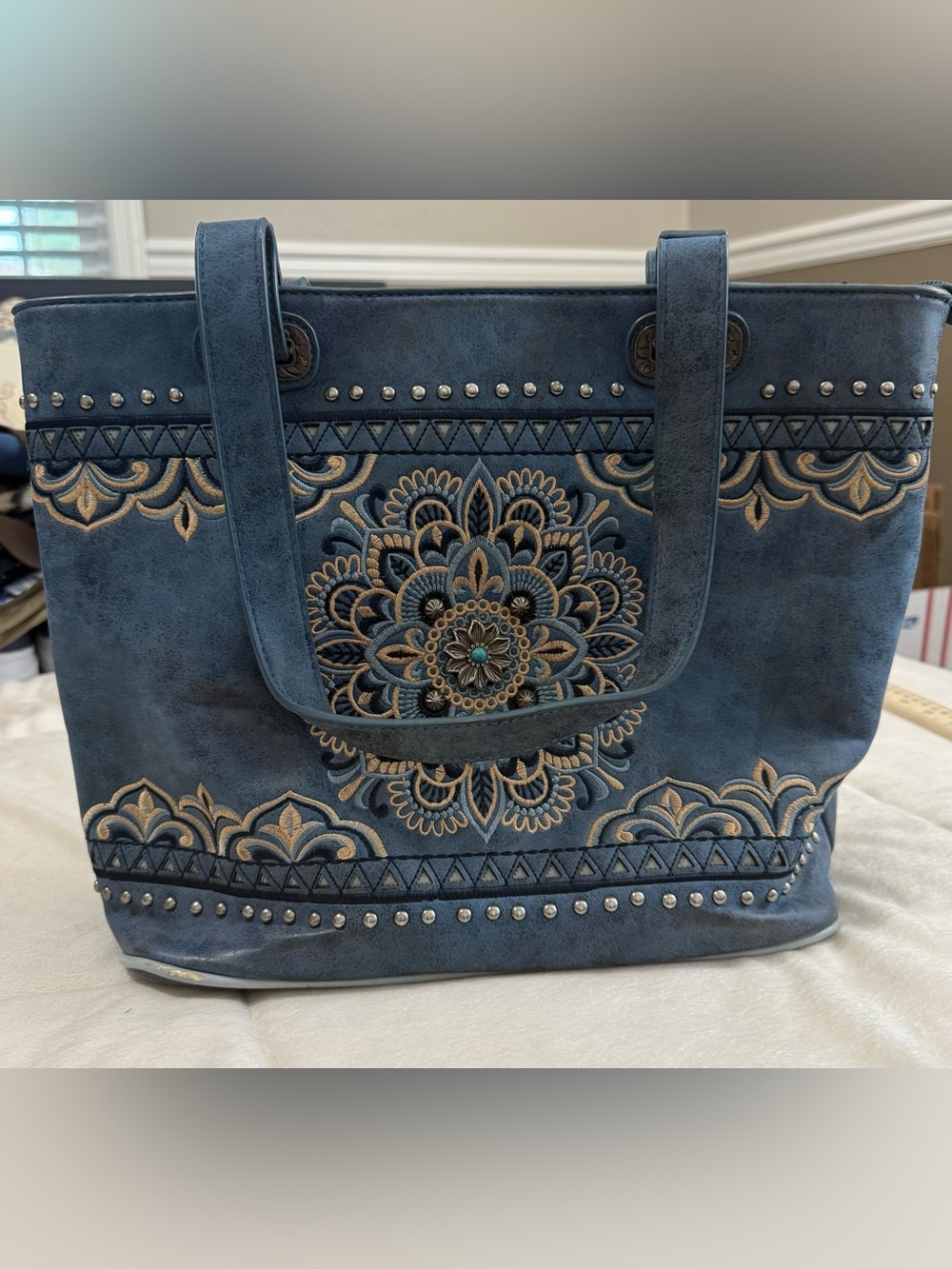 Montana West Blue Embroidered Western Tote Bag Studded Floral Mandala Purse